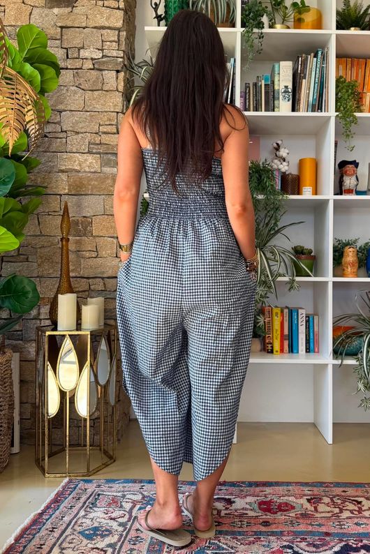 Arbi Gingham Shirring Bandeau Jumpsuit Navy